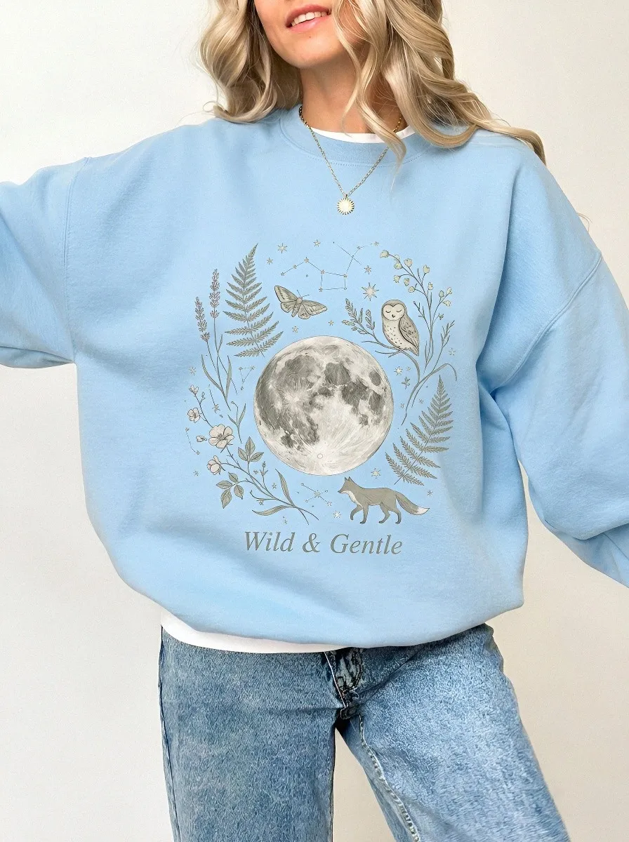 Women's Nature Lover Moon Fox Owl Printed Sweatshirt