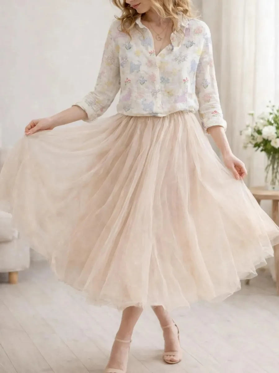 Cat Floral Print Button-Up Shirt