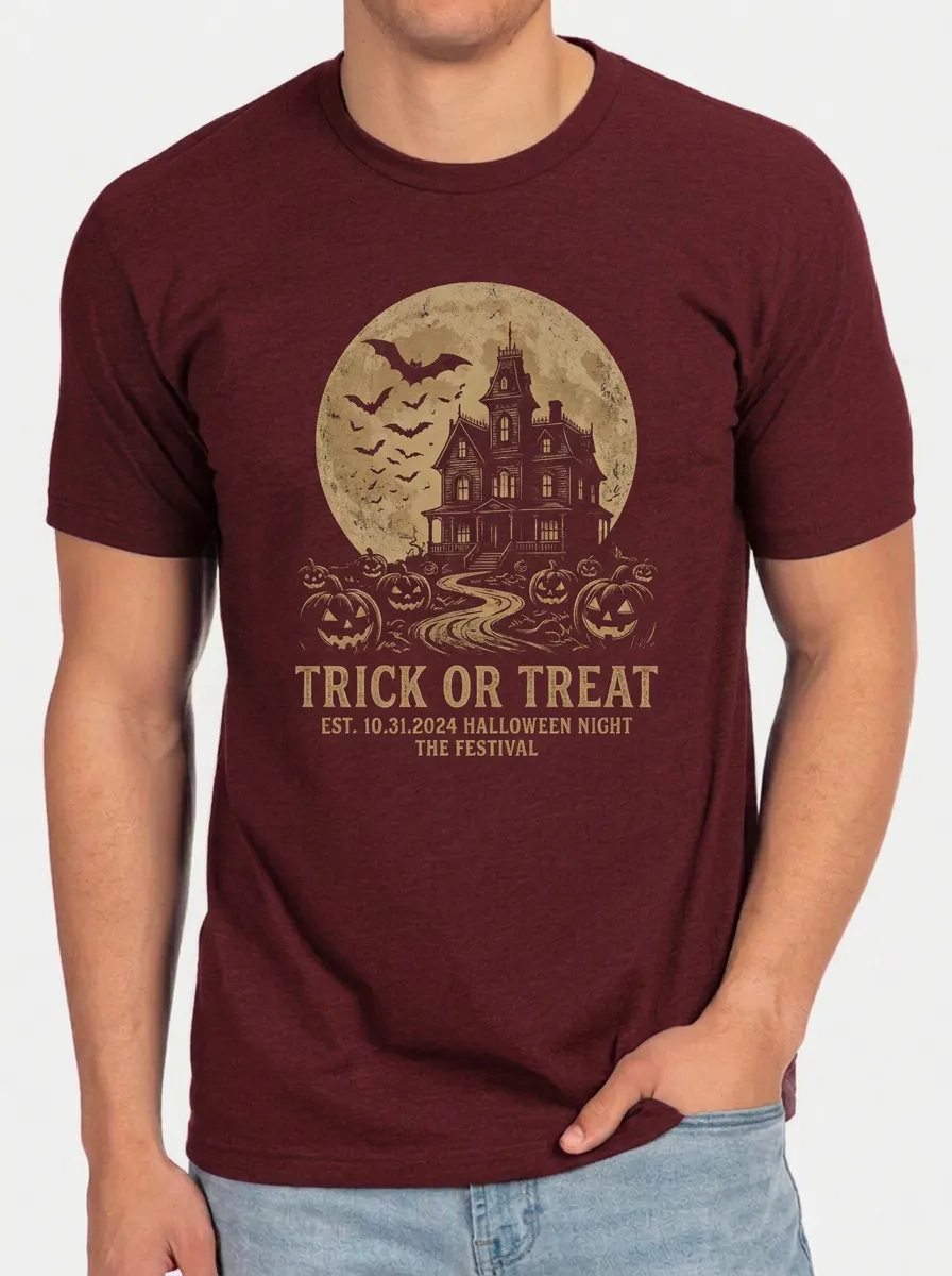 Men's Halloween Haunted House Pumpkin Bats Printed T-shirt