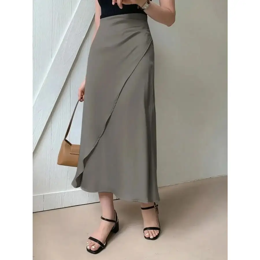 Asymmetric Wrap Midi Skirt with Fluted Hem