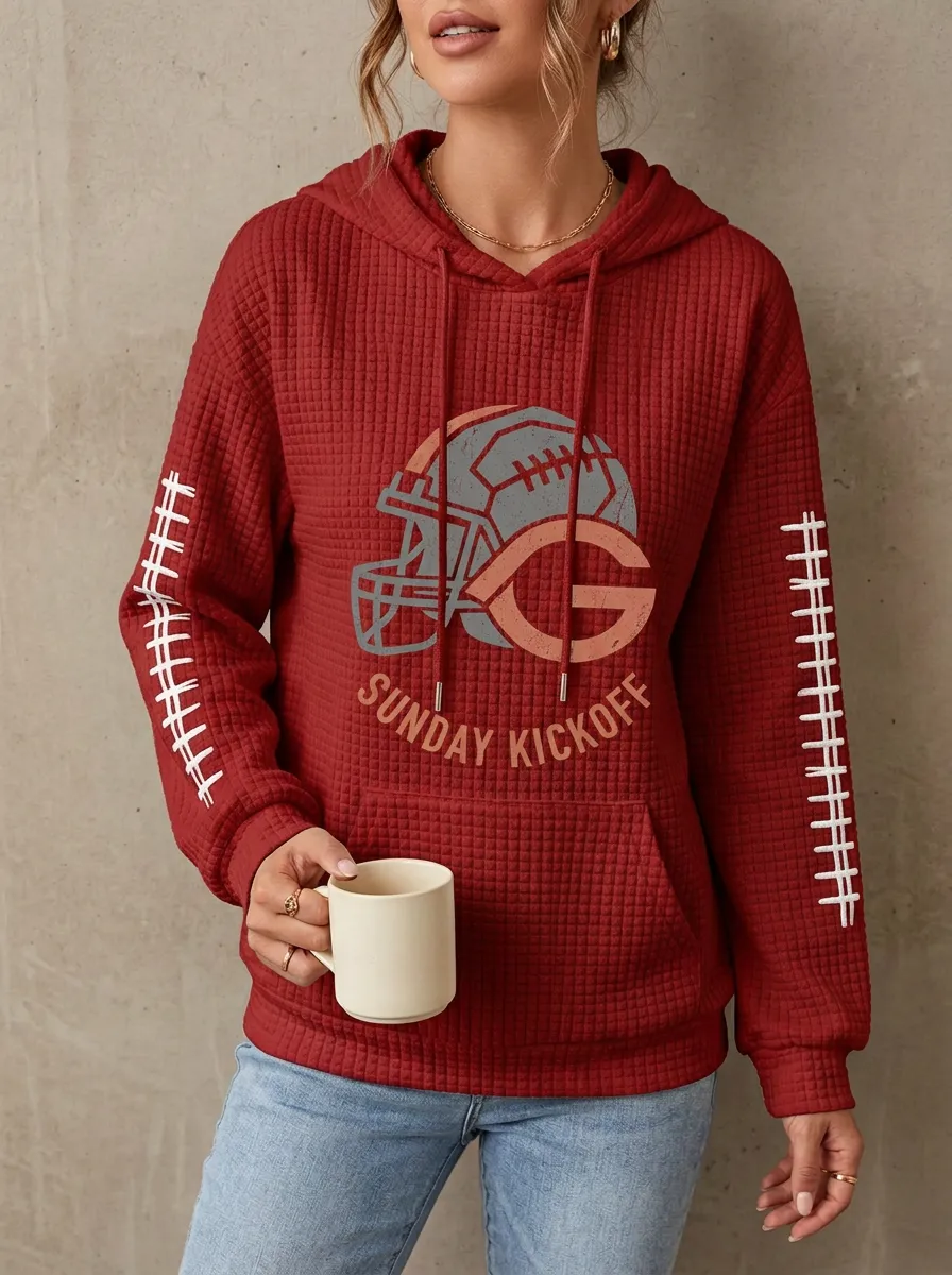 Women's Football Fan Sunday Kickoff Helmet Printed Waffle Hoodie