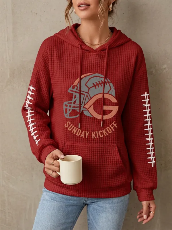 Women's Football Fan Sunday Kickoff Helmet Printed Waffle Hoodie
