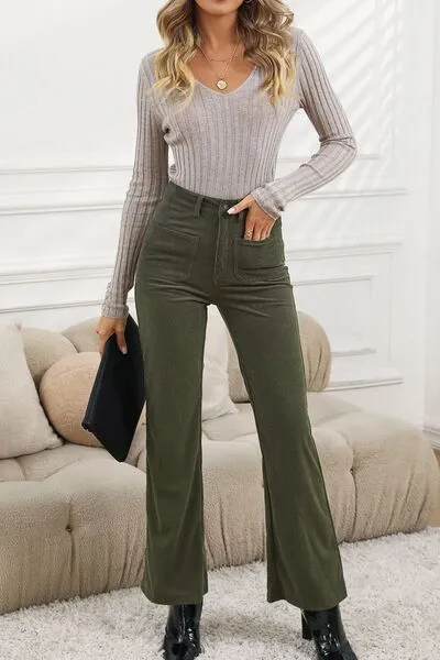 High Waist Square Pocket Corduroy Pants