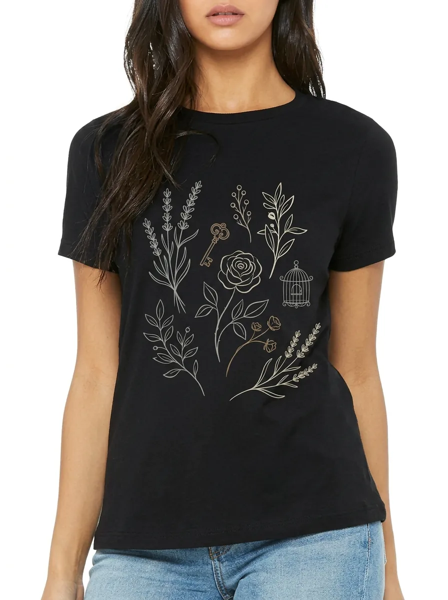 Women's Botanical Rose Key Birdcage Printed T-shirt