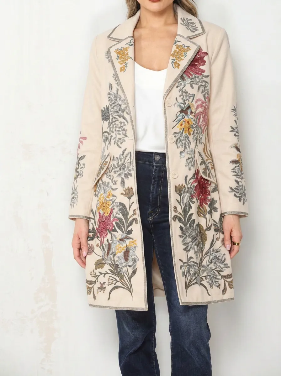 Women's Vintage Floral Botanical Embroidered Printed Blazer Coat