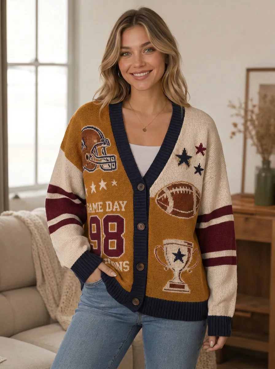 Women's Heritage Inspired Gridiron Helmet Trophy Ball Knit Cardigan