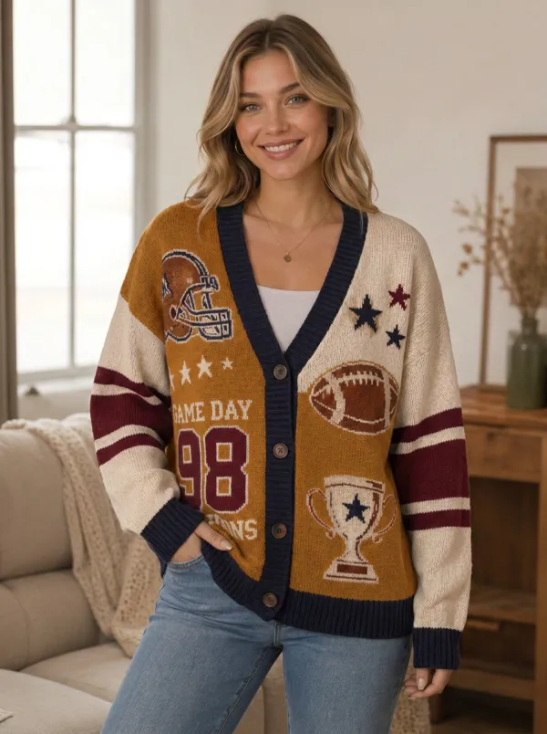 Women's Heritage Inspired Gridiron Helmet Trophy Ball Knit Cardigan