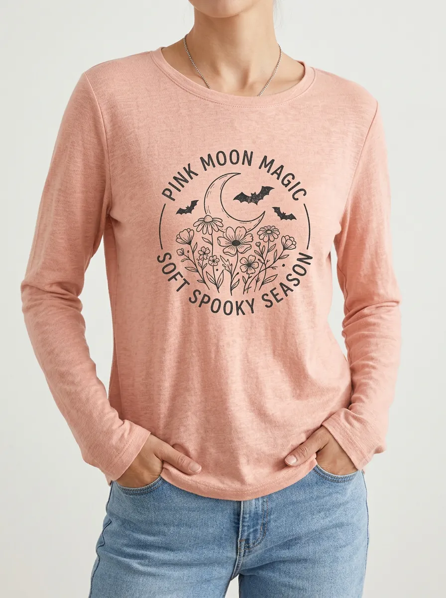 Moon Spooky Spooky-Season Halloween Cotton Linen Long Sleeve Top