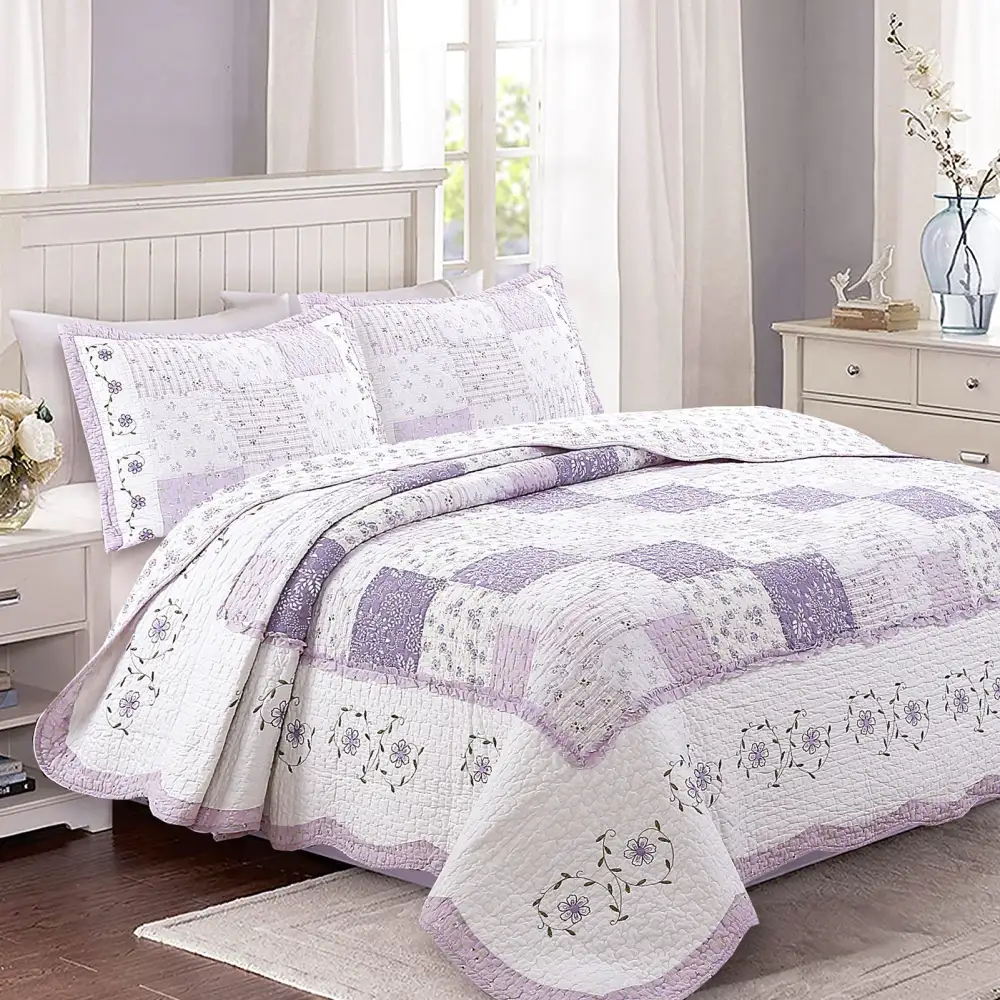 Home Cotton Floral Patchwork Scalloped Quilt Bedding Set