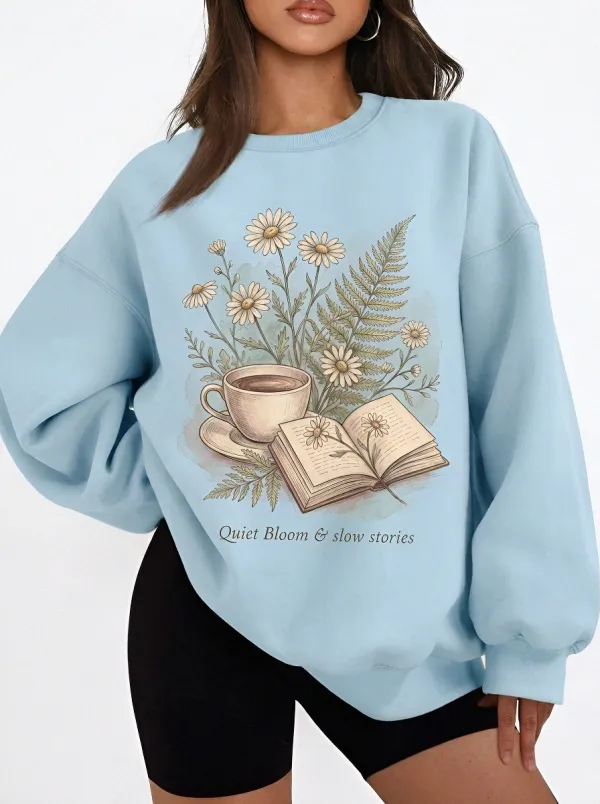 Women's Book Lover Coffee Daisy Floral Printed Sweatshirt