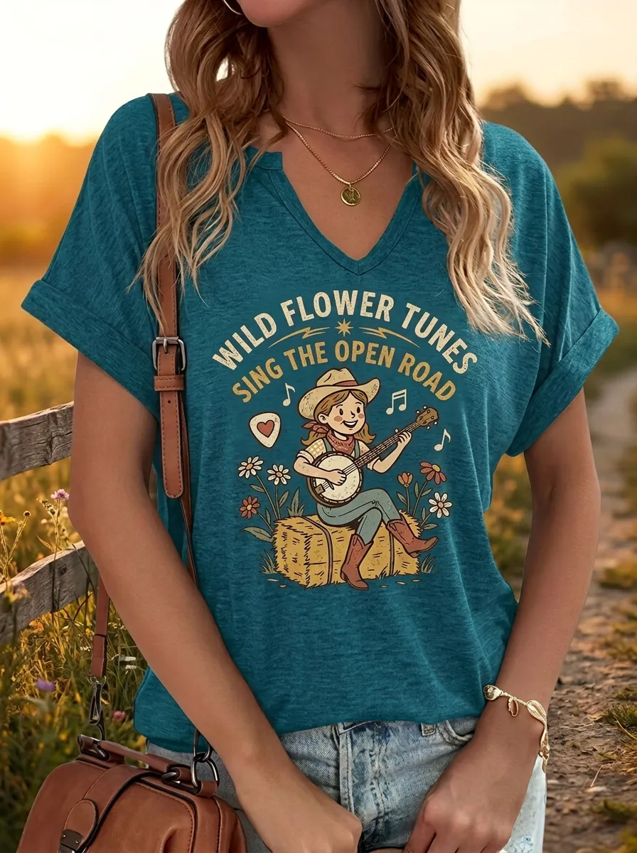 Rustic Banjo Cowgirl Women's Country Music V-Neck T-Shirt