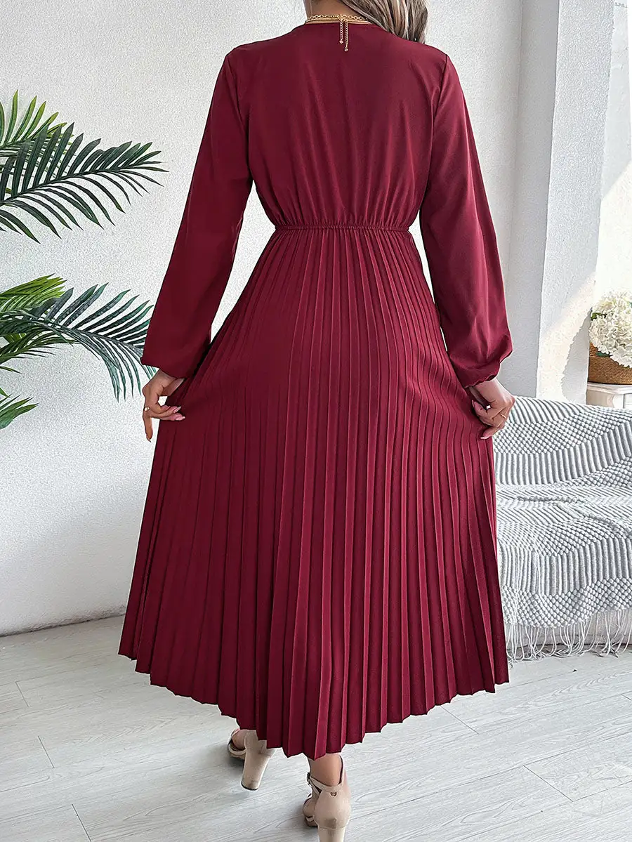 Elasticity Pleated Neck Maxi Dress