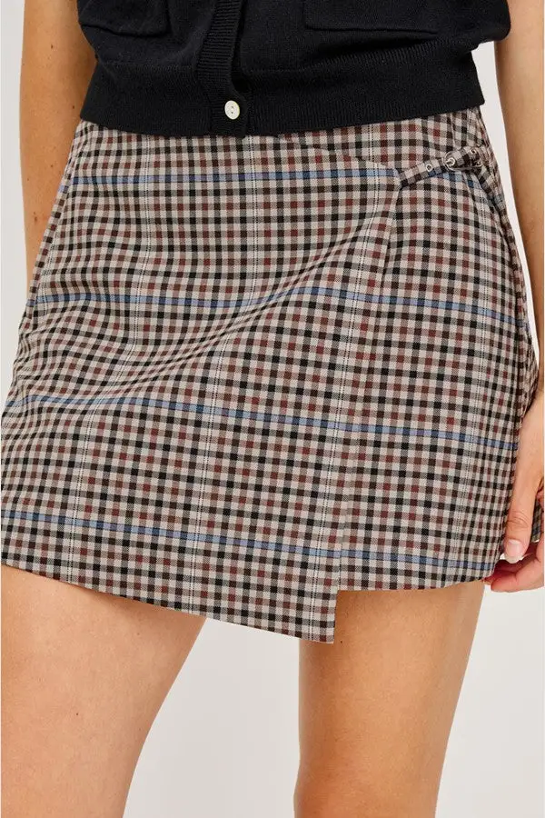 Women's Neutral Houndstooth Wrap Mini Skirt
