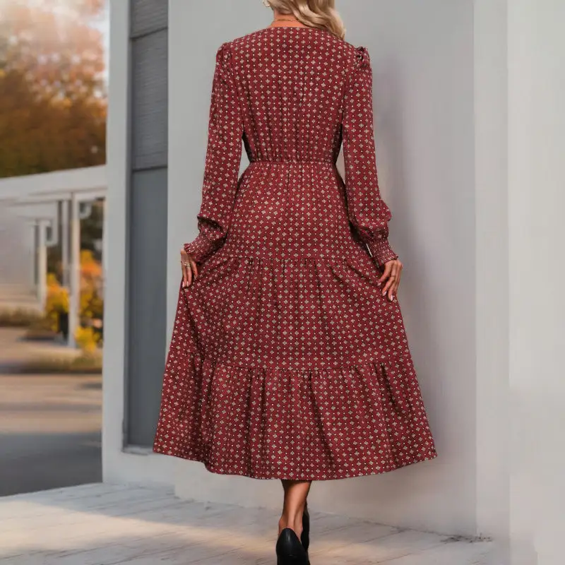 Women's V-Neck Long-Sleeve Ruffled Midi Dress