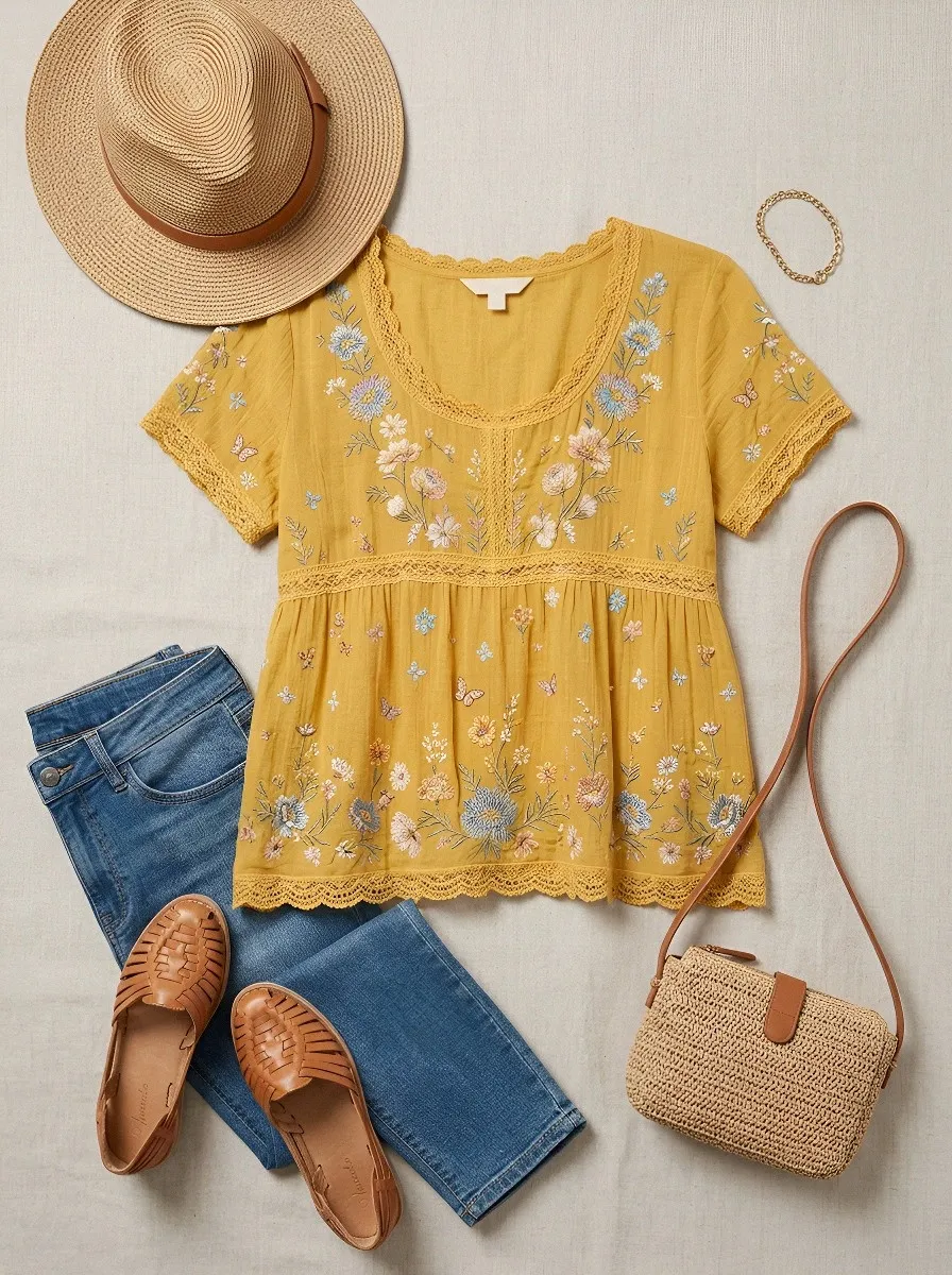 Women's Boho Floral Butterfly Embroidered Printed T-shirt