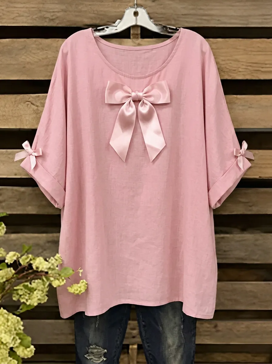 Women's Round Neck Bow-detail Relaxed Blouse