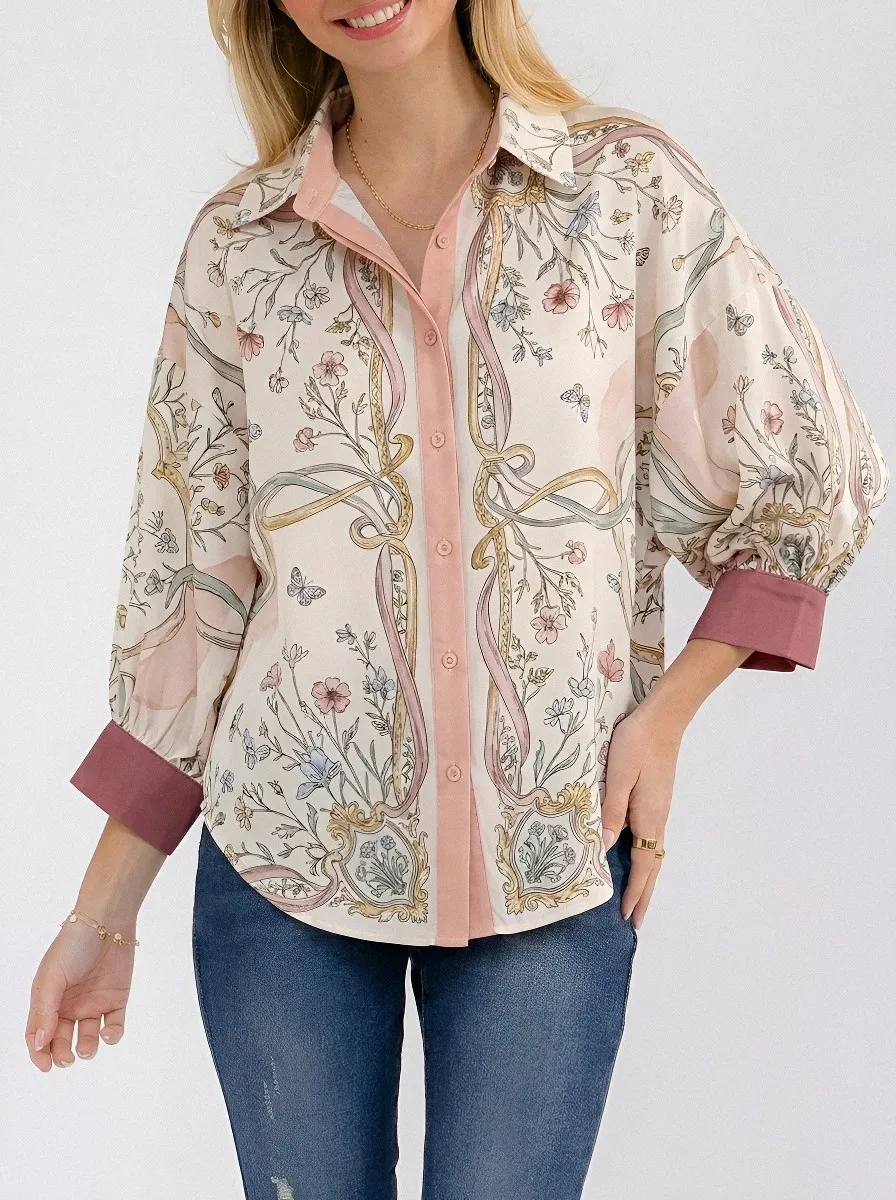 Women's Floral Ribbon Butterfly Pattern Printed Button-up Shirt