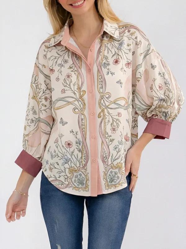 Women's Floral Ribbon Butterfly Pattern Printed Button-up Shirt
