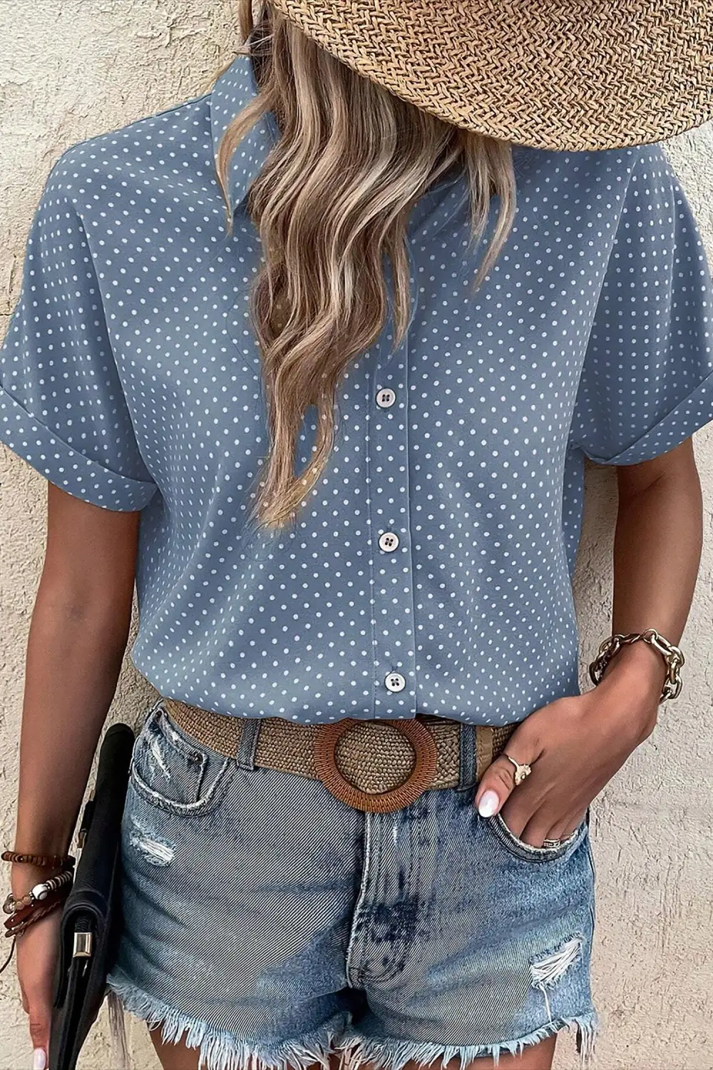 Short Sleeve Dot Print Shirt Blouse