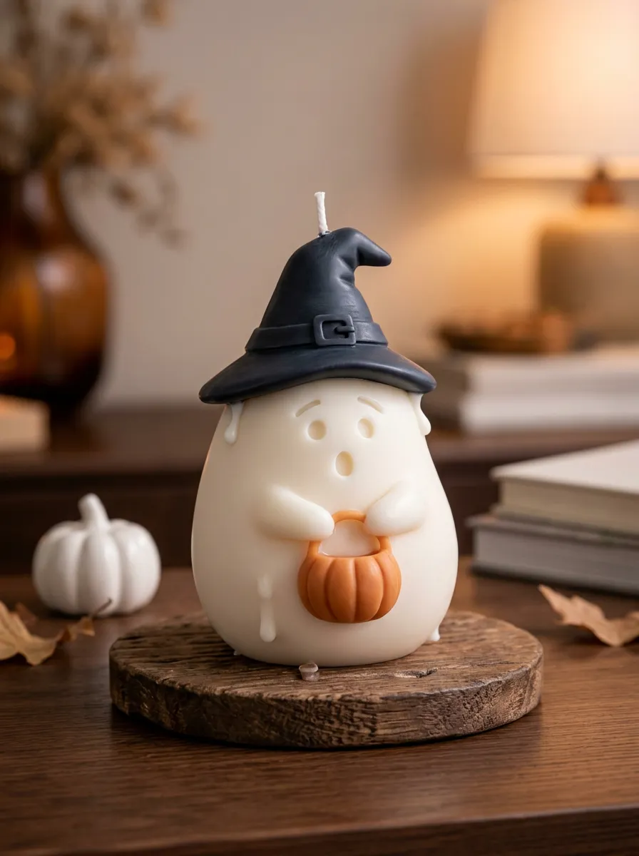 Halloween Ghost Wearing Witch Hat Holding Pumpkin Decorative Candle