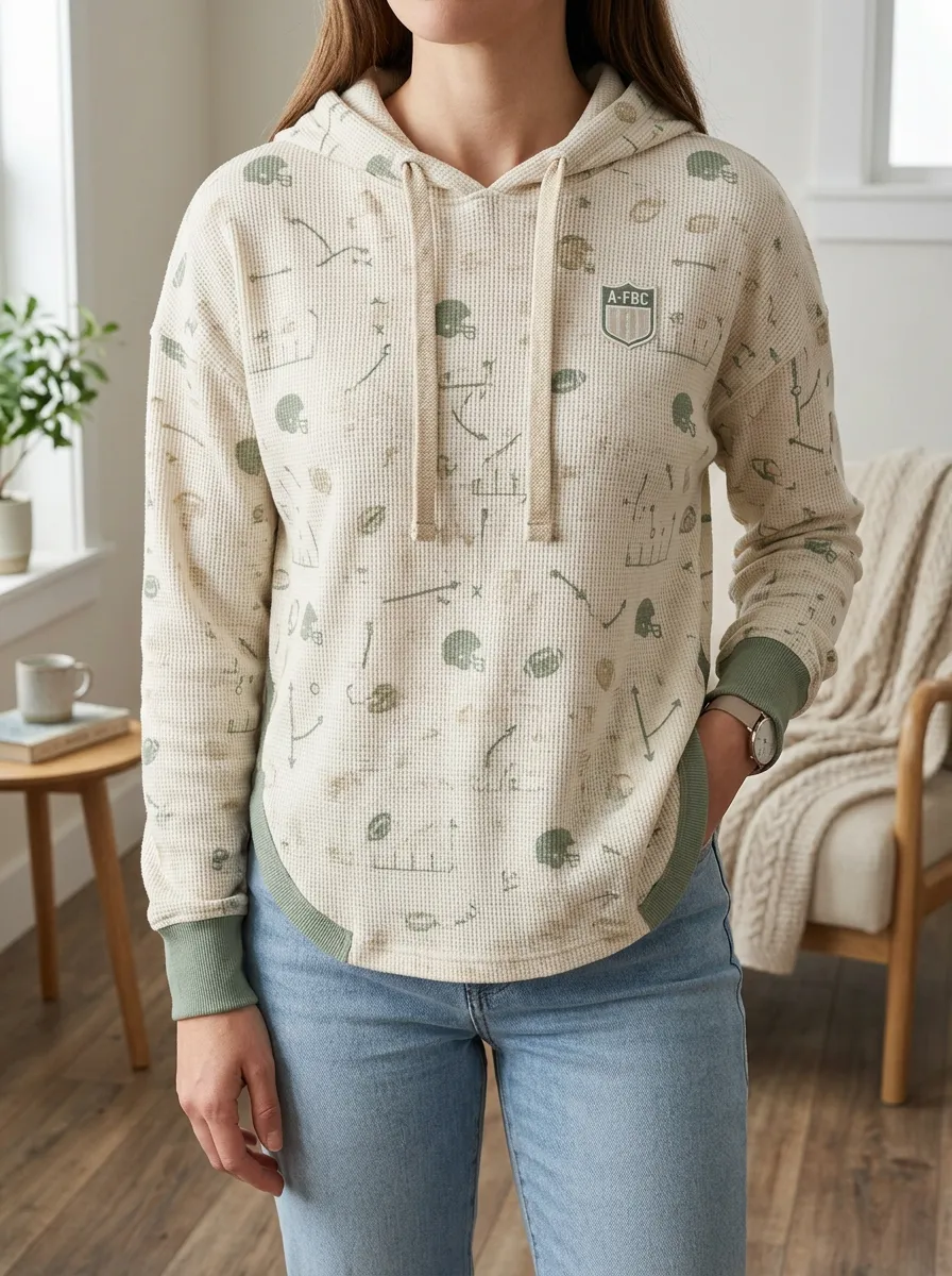 Women's Heritage Football Fan Helmet Pattern Printed Waffle Knit Hoodie