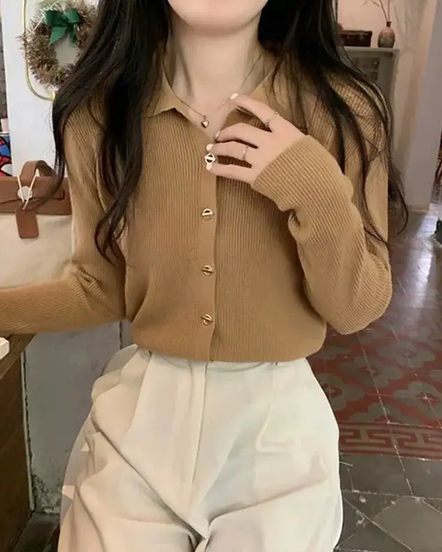 Polyester-Blend Button-Front Polo-Collar Relaxed-Fit Cardigan