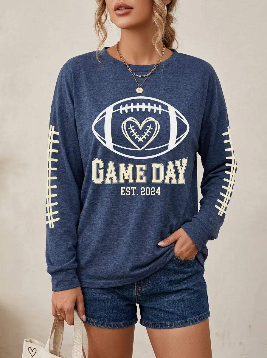 Women's Modern Football Ball Heart Long Sleeve Graphic T-Shirt