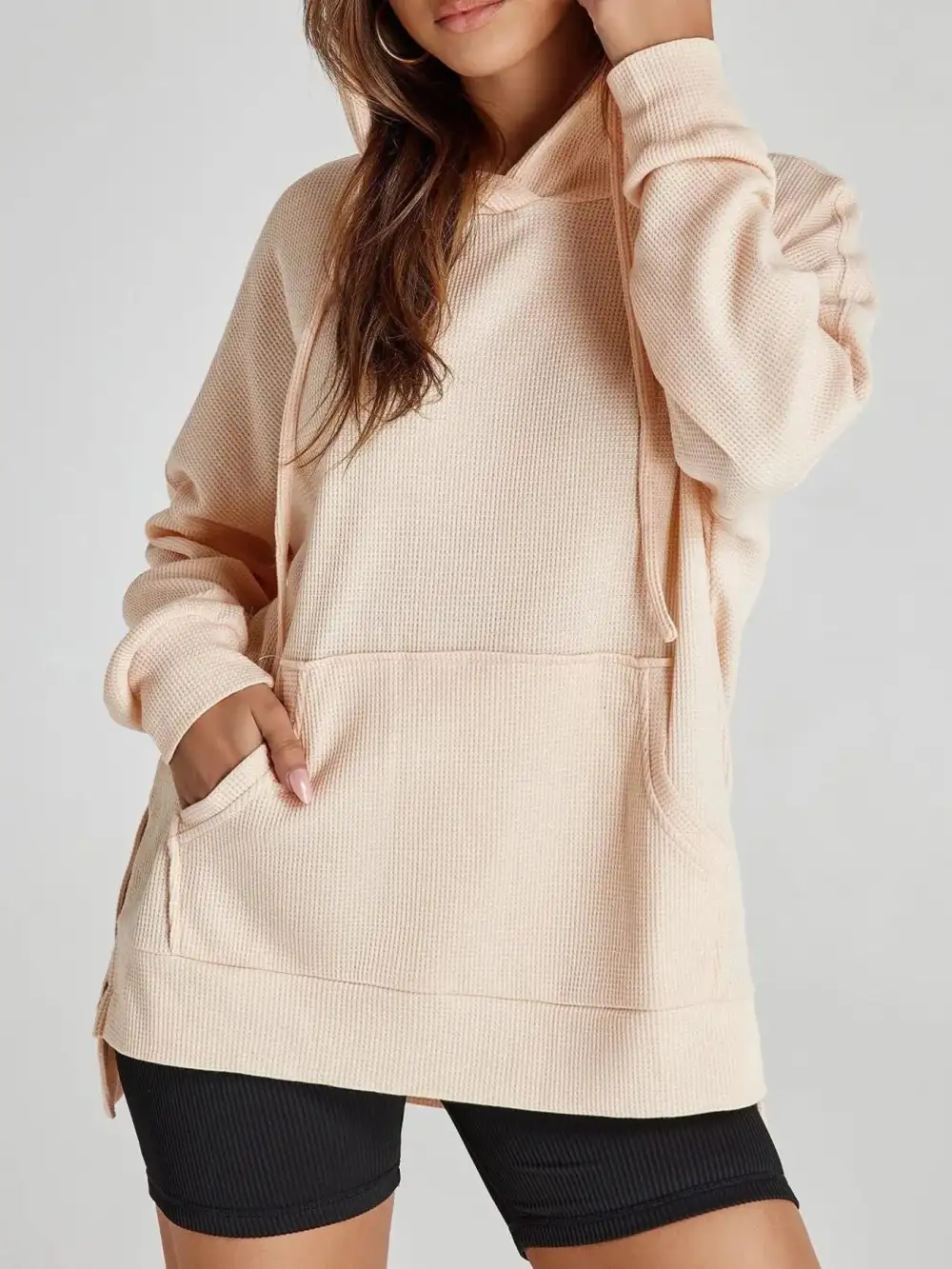 Tailored Drawstring Pocketed Waffle-Textured Knit Hoodie
