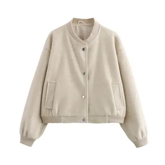 Quilted Wool Blend Snap Front Ribbed Trim Bomber Jacket