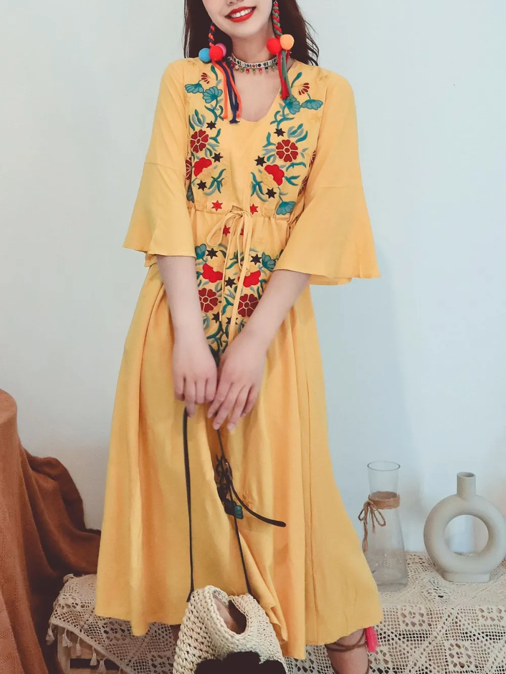 Textured Floral Embroidered Boho Maxi Dress