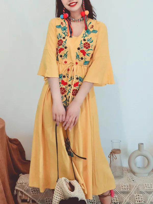 Textured Floral Embroidered Boho Maxi Dress