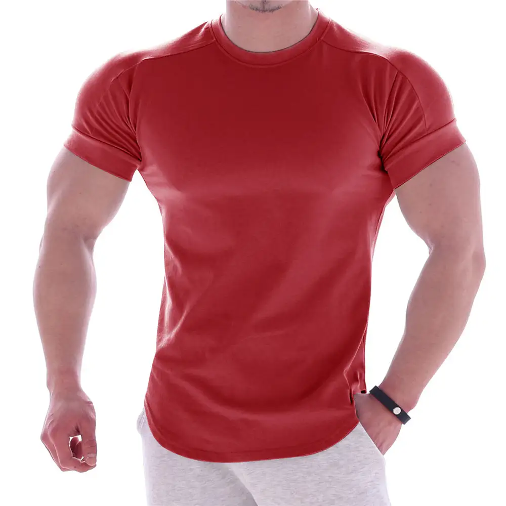 Men's Body-hugging Short-Sleeve Shirt Cotton-elastane Mix With Round Neckline And Rounded Hem