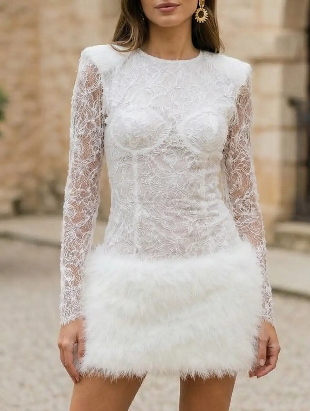 Lace Patchwork Fuzzy Bodycon Mini Dress