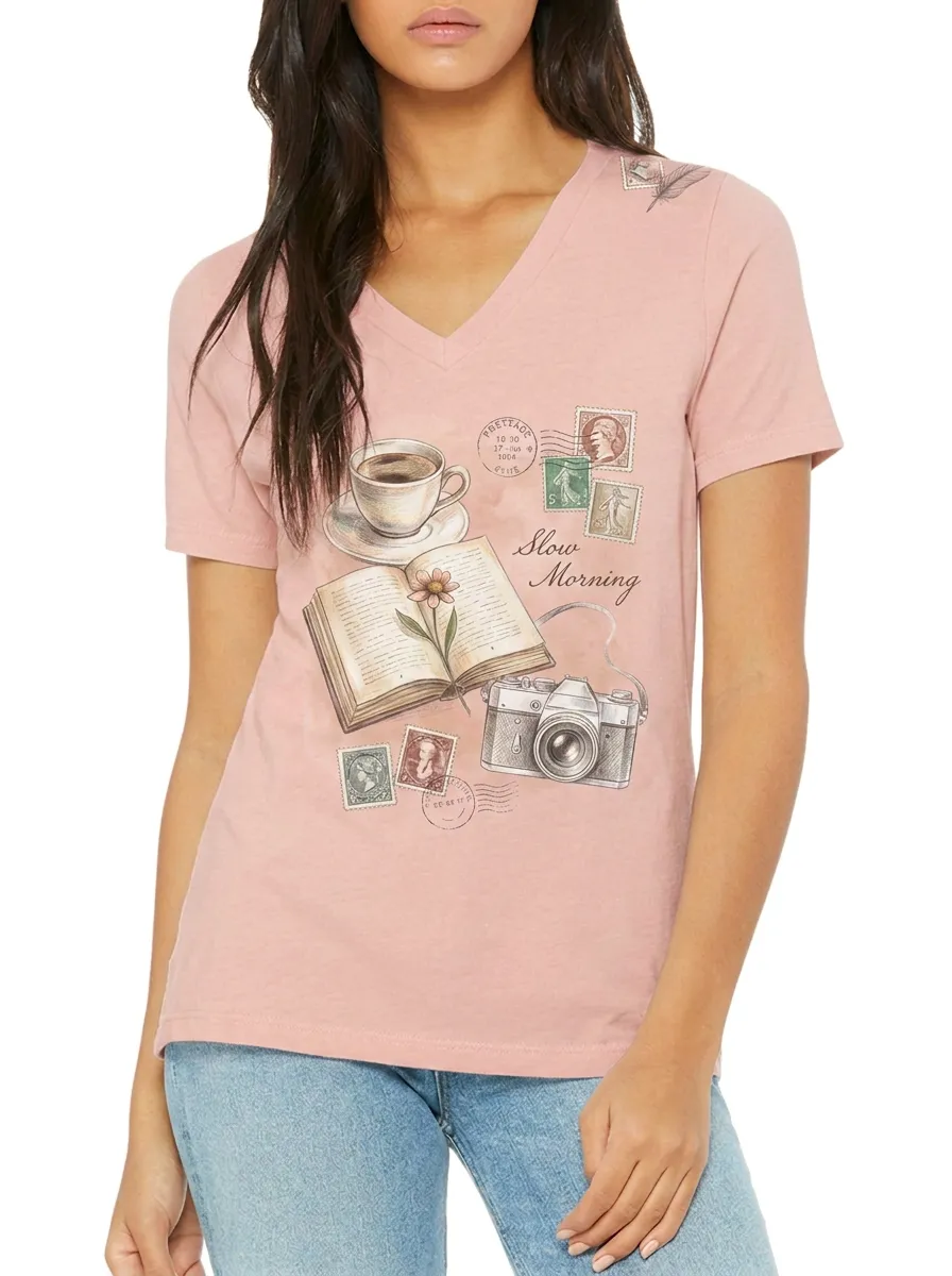 Women's Book Coffee Camera Lover Slow Morning Printed V-neck T-shirt