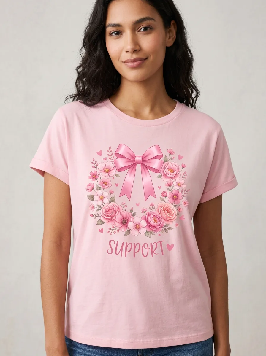 Women's Breast Cancer Awareness Pink Ribbon Floral Wreath Printed T-shirt