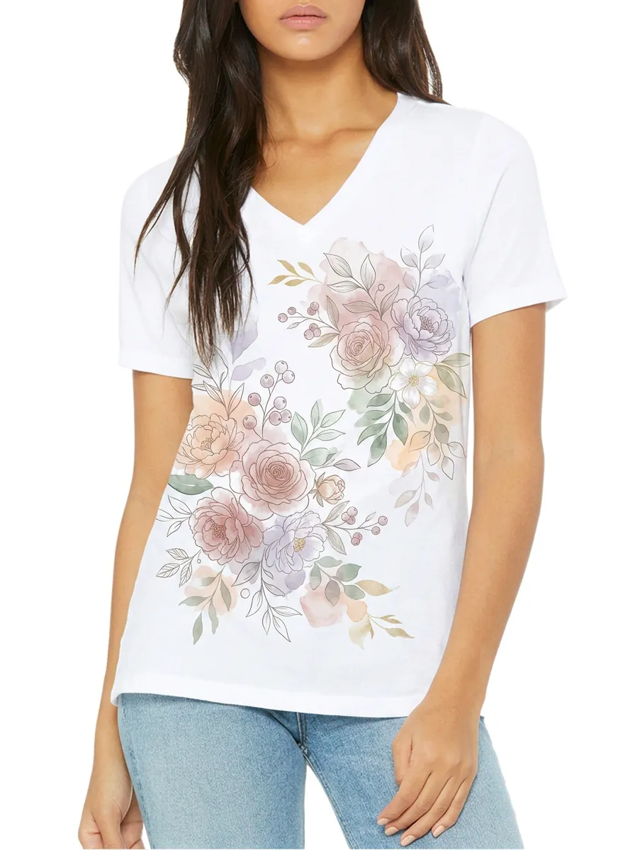 Women's Floral Lover Watercolor Rose Bouquet Printed V-neck T-shirt