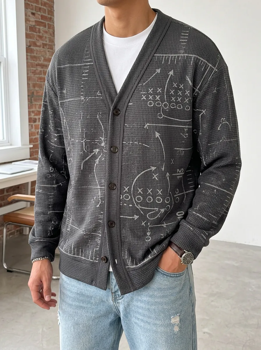 Men's Playbook Football Playbook Waffle Knit Printed Cardigan
