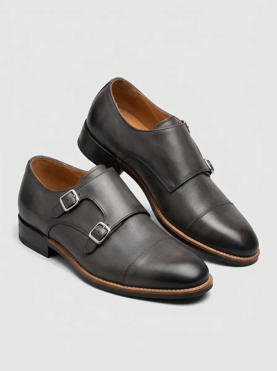 Men's Business Formal Textured Leather Double Monk Strap Shoes