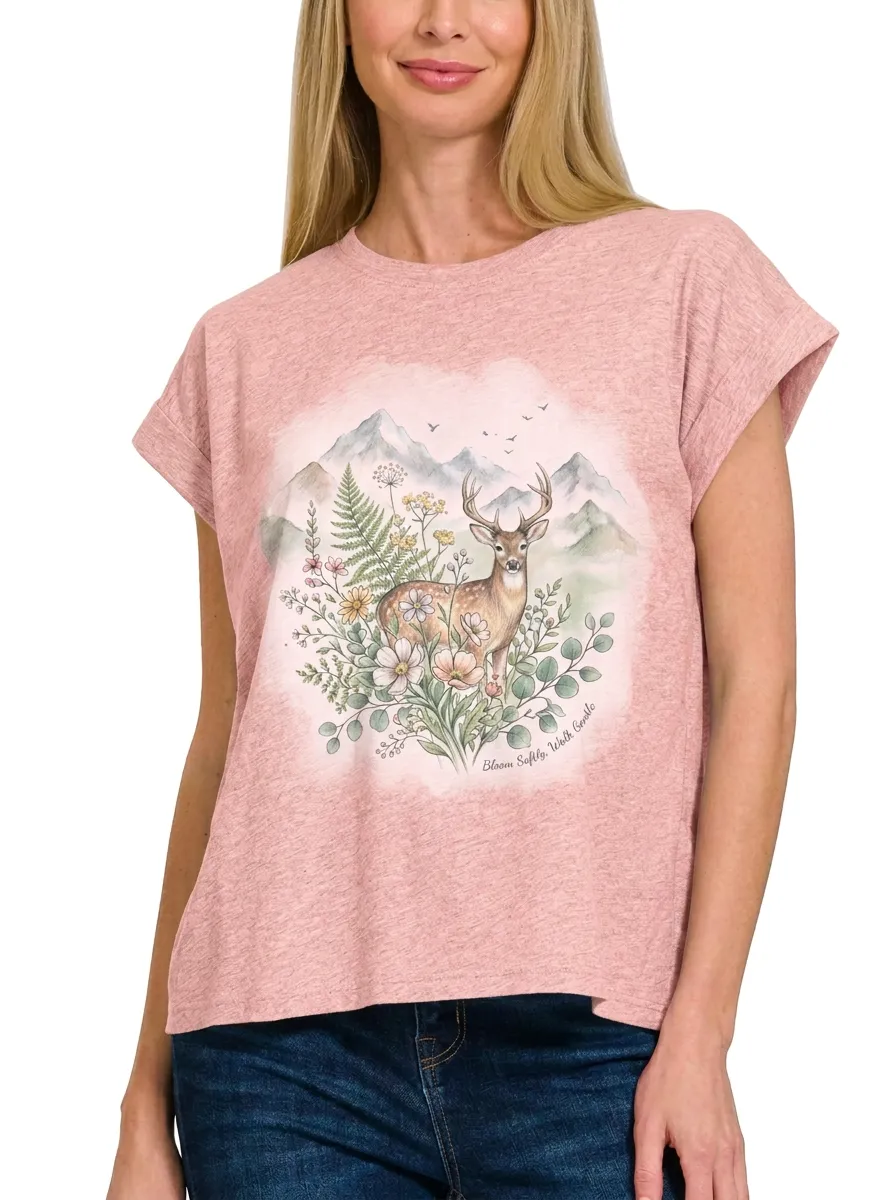 Women's Nature Lover Deer Floral Mountain Printed T-shirt