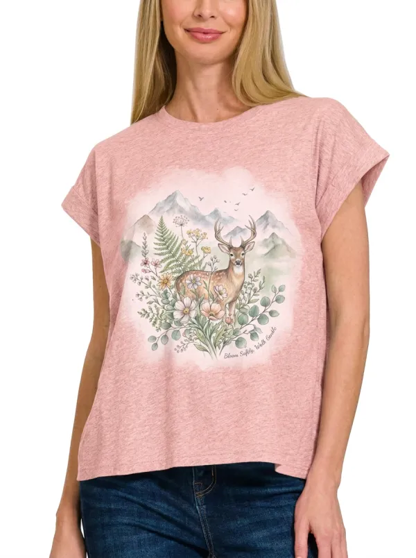Women's Nature Lover Deer Floral Mountain Printed T-shirt