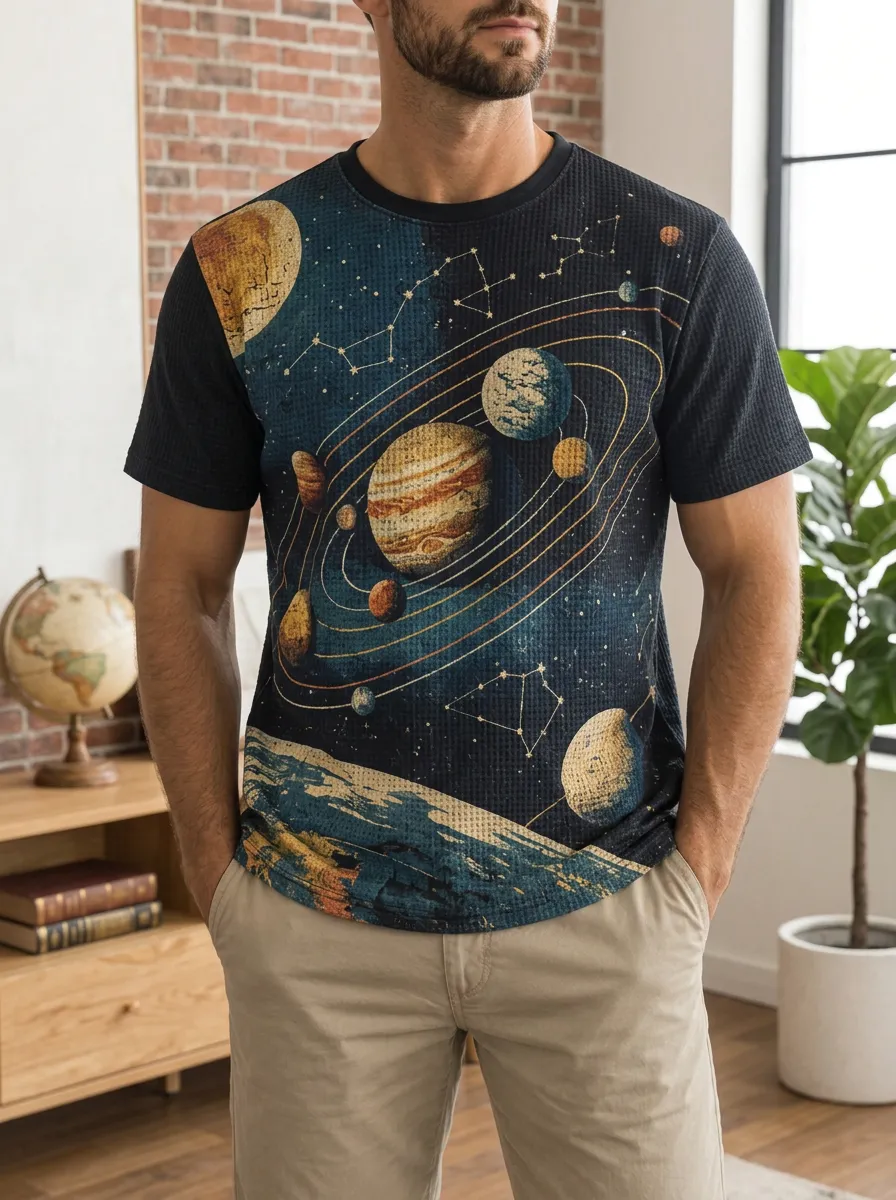 Men's Astronomy Lover Solar System Planets Modern Crew Neck T-Shirt