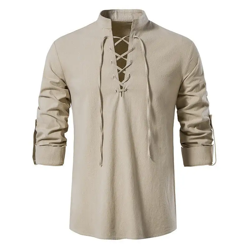 Men's Casual Lace-up Shirt With Stand-up Collar Linen-Cotton Blend And Roll-up Sleeve Tabs