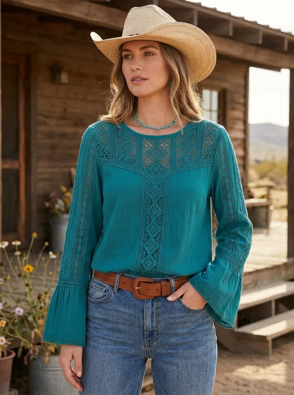 Women's Western Boho Crochet Lace Trim Long Sleeve Top