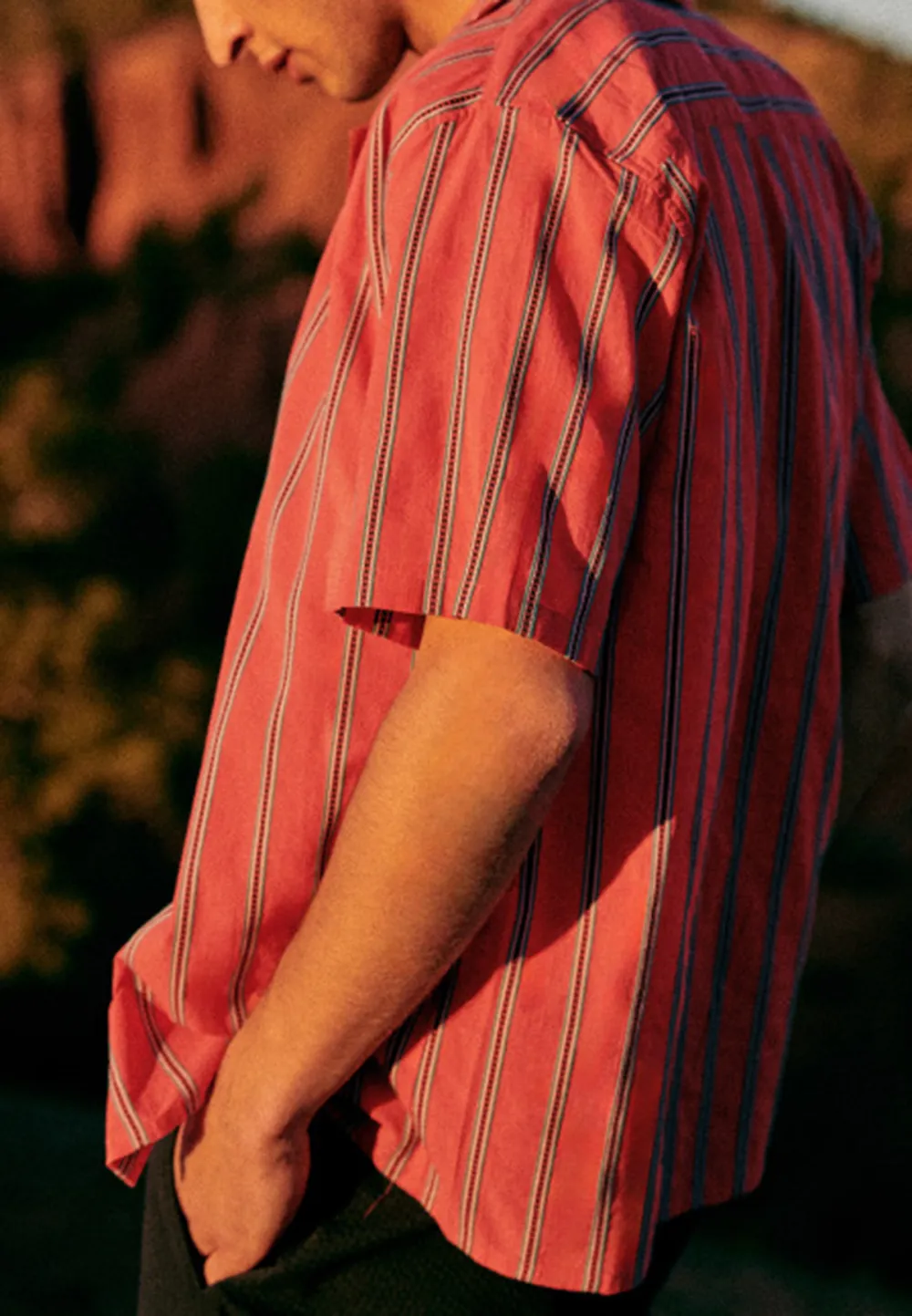 Coral Red Stripe Print Short Sleeve Camp Shirt