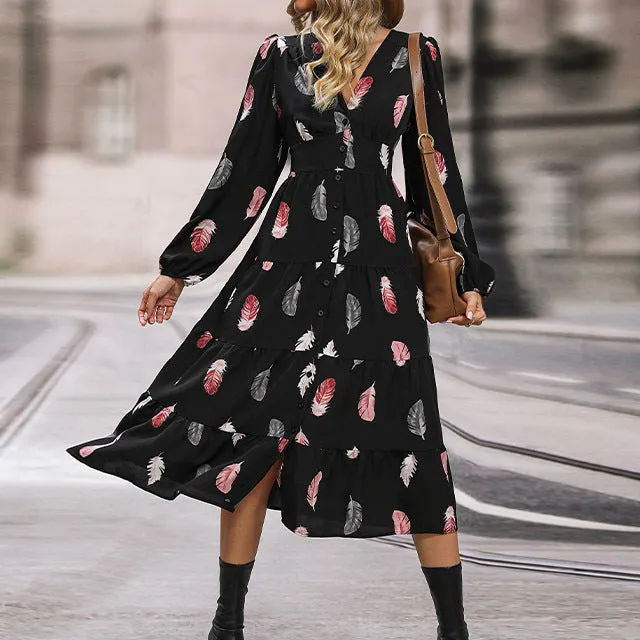 Women's A-Line Long-Sleeve Feather Slit Dress