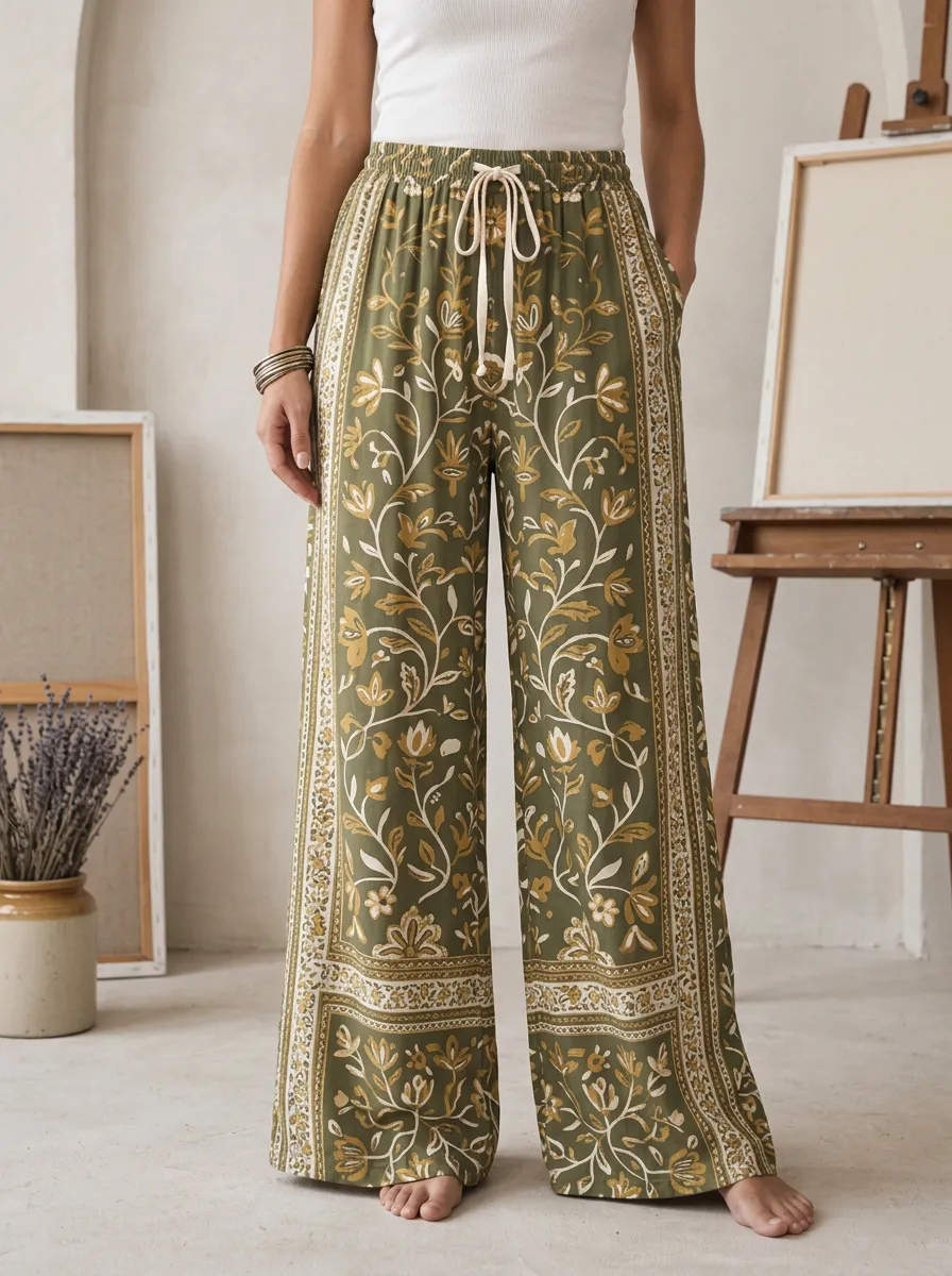 Women's Flowing Boho Floral Olive Green Printed Wide Leg Pants
