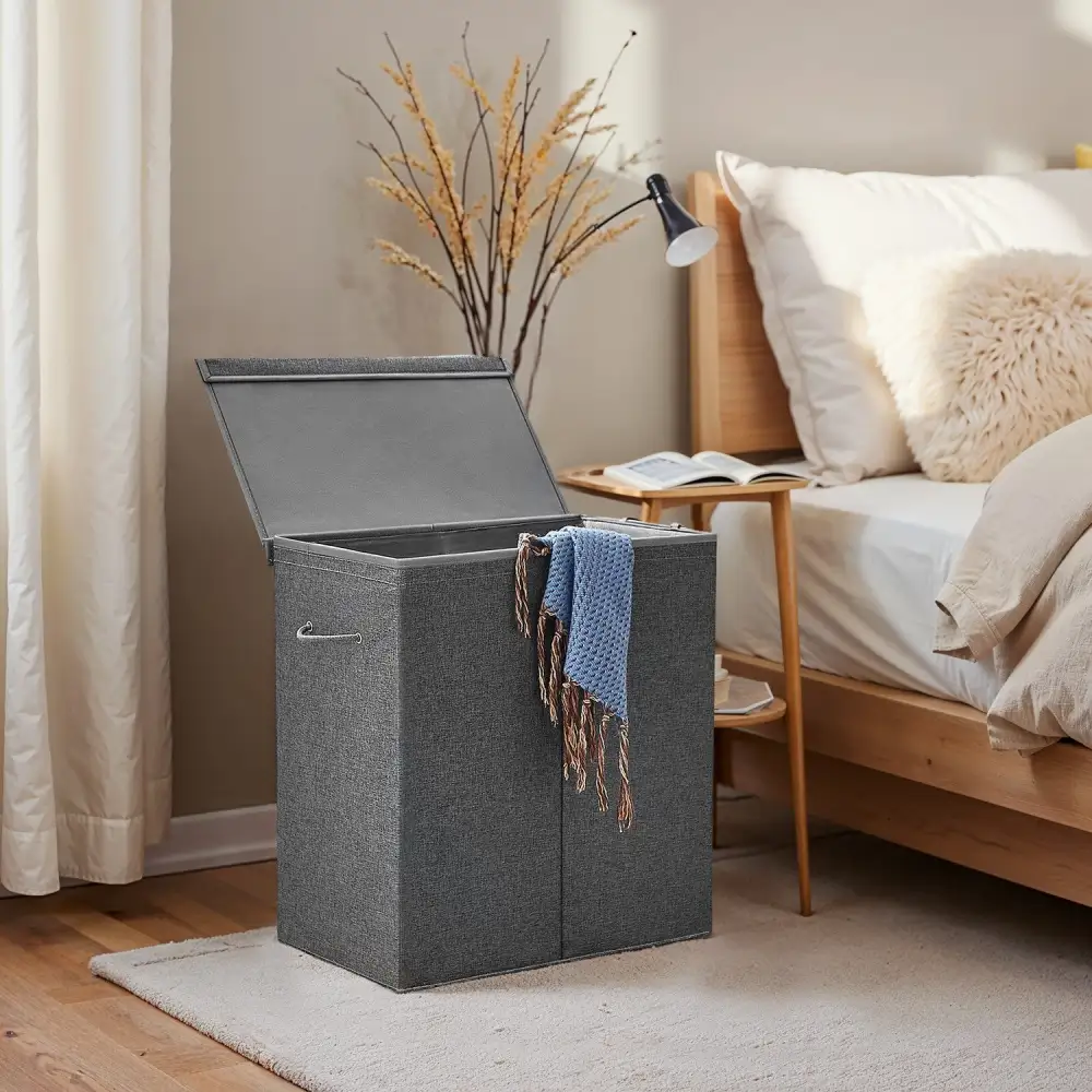 Double Compartment Removable Liner Lidded Laundry Sorting Basket