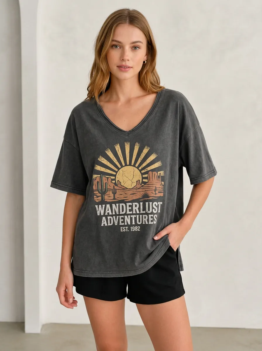 Women's Wanderlust Adventure Desert Cactus Printed V-Neck T-Shirt