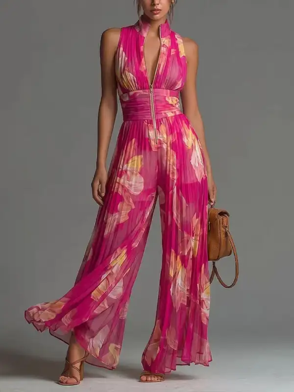 High Waisted Sleeveless Flower Print Pleated Zipper V
