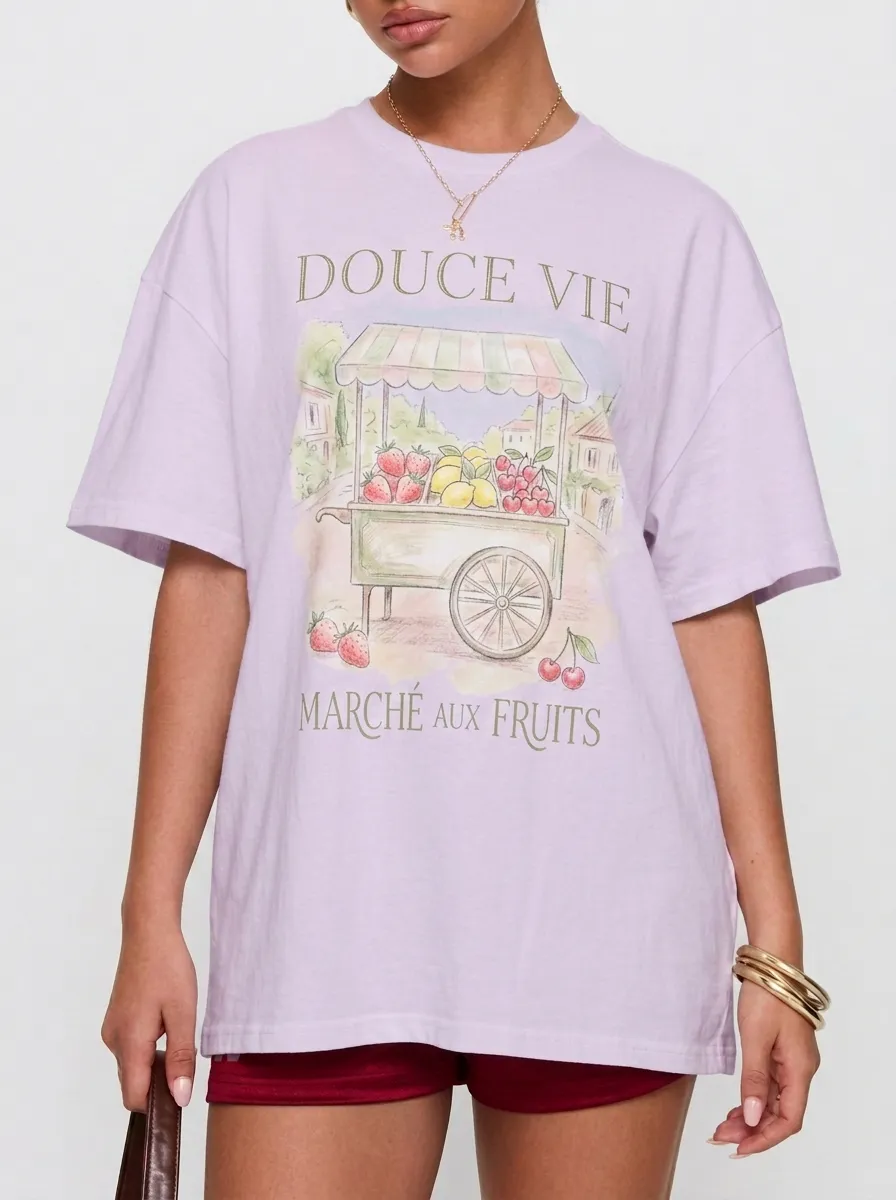 Women's French Aesthetic Fruit Stand Graphic Printed T-shirt